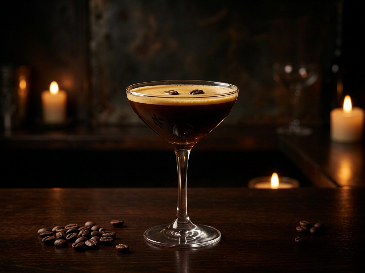 Espresso martini in a candlelit bar
